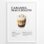 Ladda upp bild till gallerivisning, Illustrated Caramel Macchiato recipe poster with espresso, steamed milk, foam, and caramel drizzle in a glass cup.
