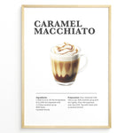 Ladda upp bild till gallerivisning, Illustrated Caramel Macchiato recipe poster with espresso, steamed milk, foam, and caramel drizzle in a glass cup.
