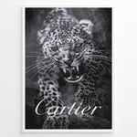 Ladda upp bild till gallerivisning, Fashion Plakat | Cartier-Inspired Art Featuring Fierce Leopard Plakaty.dk | Black-and-white image of a snarling leopard with bared teeth, with the word &quot;Cartier&quot; elegantly overlaid at the bottom.
