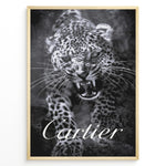 Ladda upp bild till gallerivisning, Fashion Plakat | Cartier-Inspired Art Featuring Fierce Leopard Plakaty.dk | Black-and-white image of a snarling leopard with bared teeth, with the word &quot;Cartier&quot; elegantly overlaid at the bottom.
