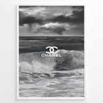 Ladda upp bild till gallerivisning, Fashion Plakat | Chanel Ocean Wave Black &amp; White Fashion Poster Plakaty.dk | Black and white ocean wave poster with the Chanel logo centered over crashing waves and a stormy sky.
