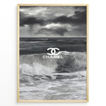 Ladda upp bild till gallerivisning, Fashion Plakat | Chanel Ocean Wave Black &amp; White Fashion Poster Plakaty.dk | Black and white ocean wave poster with the Chanel logo centered over crashing waves and a stormy sky.
