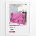 Ladda upp bild till gallerivisning, Fashion Plakat | Chanel Pink Quilted Bag – Parisian Elegance Wall Art Plakaty.dk | Pink Chanel quilted handbag with silver chain displayed in front of white flowers, accompanied by a color palette and labeled “Paris/France Chanel”.
