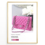 Ladda upp bild till gallerivisning, Fashion Plakat | Chanel Pink Quilted Bag – Parisian Elegance Wall Art Plakaty.dk | Pink Chanel quilted handbag with silver chain displayed in front of white flowers, accompanied by a color palette and labeled “Paris/France Chanel”.
