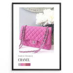 Ladda upp bild till gallerivisning, Fashion Plakat | Chanel Pink Quilted Bag – Parisian Elegance Wall Art Plakaty.dk | Pink Chanel quilted handbag with silver chain displayed in front of white flowers, accompanied by a color palette and labeled “Paris/France Chanel”.
