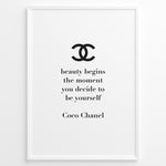 Ladda upp bild till gallerivisning, Fashion Plakat | Chanel Quote Poster – “Beauty Begins” Inspirational Wall Art Plakaty.dk | Minimalist poster with the Chanel logo and the quote “Beauty begins the moment you decide to be yourself” by Coco Chanel.
