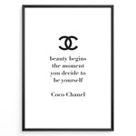 Ladda upp bild till gallerivisning, Fashion Plakat | Chanel Quote Poster – “Beauty Begins” Inspirational Wall Art Plakaty.dk | Minimalist poster with the Chanel logo and the quote “Beauty begins the moment you decide to be yourself” by Coco Chanel.

