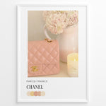 Ladda upp bild till gallerivisning, Fashion Plakat | Chanel in Bloom – Soft Pink Elegance Poster Plakaty.dk | Blush pink Chanel quilted handbag beside pastel flowers and a candle, evoking soft luxury and feminine Parisian style.
