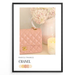 Ladda upp bild till gallerivisning, Fashion Plakat | Chanel in Bloom – Soft Pink Elegance Poster Plakaty.dk | Blush pink Chanel quilted handbag beside pastel flowers and a candle, evoking soft luxury and feminine Parisian style.

