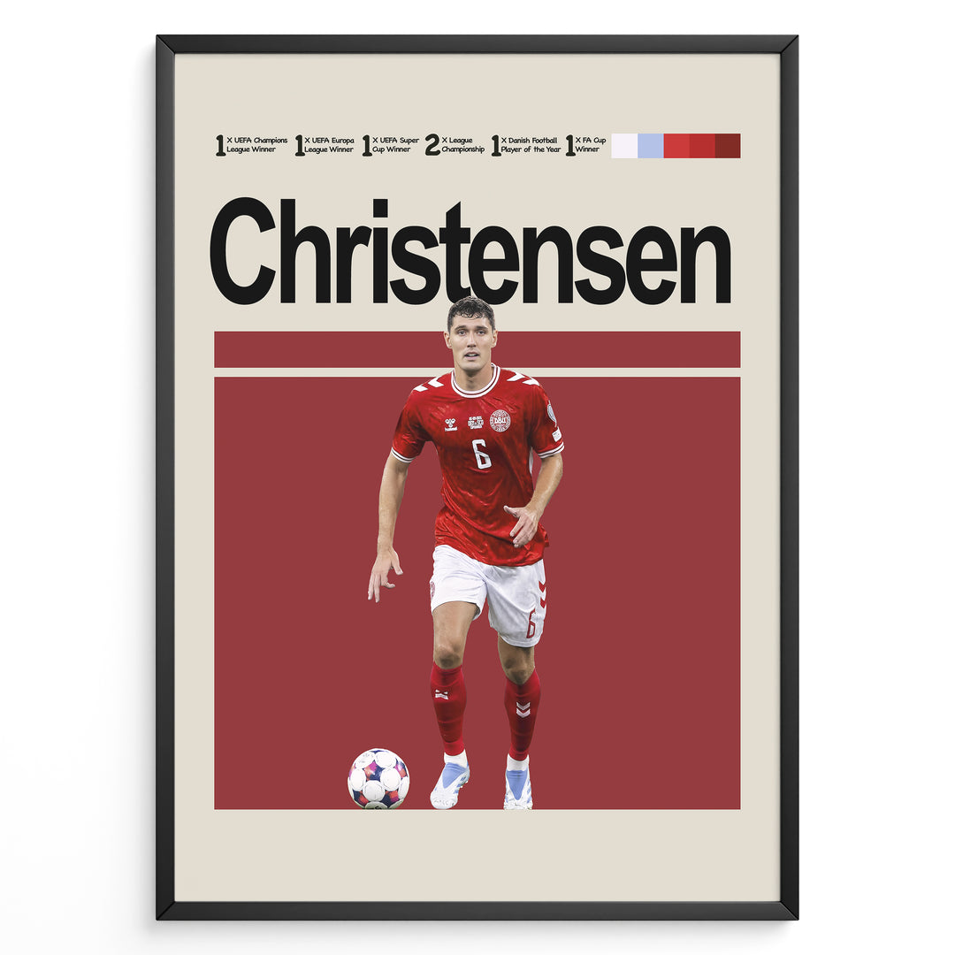 Christensen fodbold plakat i rød Danmark landsholdstrøje nummer 6 med bold foran sig i minimalistisk rød baggrund.