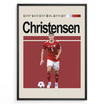 Ladda upp bild till gallerivisning, Christensen fodbold plakat i rød Danmark landsholdstrøje nummer 6 med bold foran sig i minimalistisk rød baggrund.
