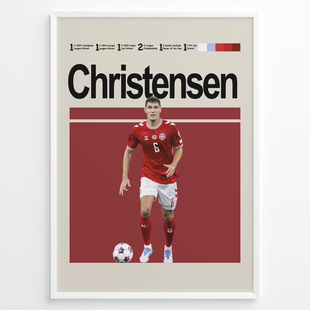 Christensen fodbold plakat i rød Danmark landsholdstrøje nummer 6 med bold foran sig i minimalistisk rød baggrund.