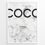 Ladda upp bild till gallerivisning, Fashion Plakat | Coco Chanel Quote Poster on Marble Background – Fashion Wall Art Plakaty.dk | Minimalist poster with large &quot;COCO&quot; text and a Chanel quote on a white marble background: &quot;I don&#39;t do fashion, I am fashion.&quot;
