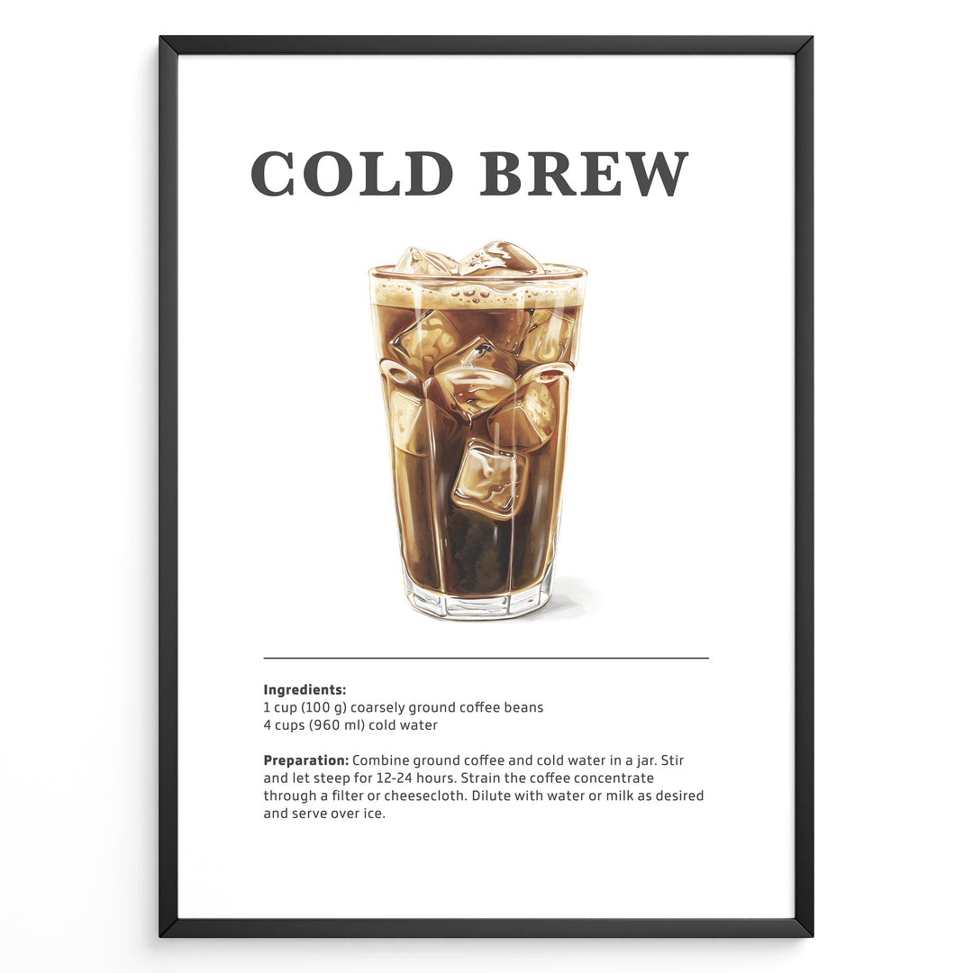 Illustrated Cold Brew recipe poster with a tall glass of iced coffee and ice cubes.