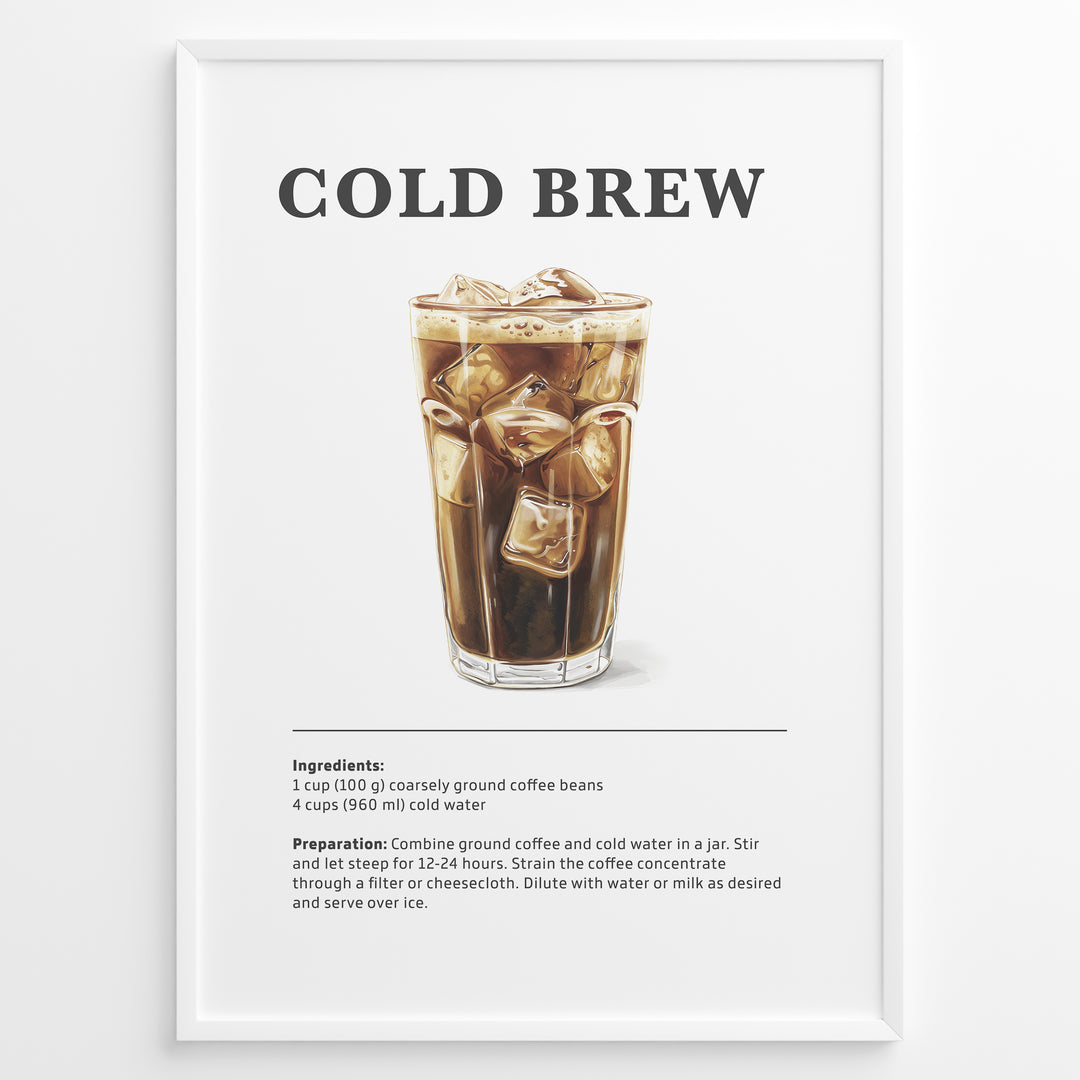 Illustrated Cold Brew recipe poster with a tall glass of iced coffee and ice cubes.
