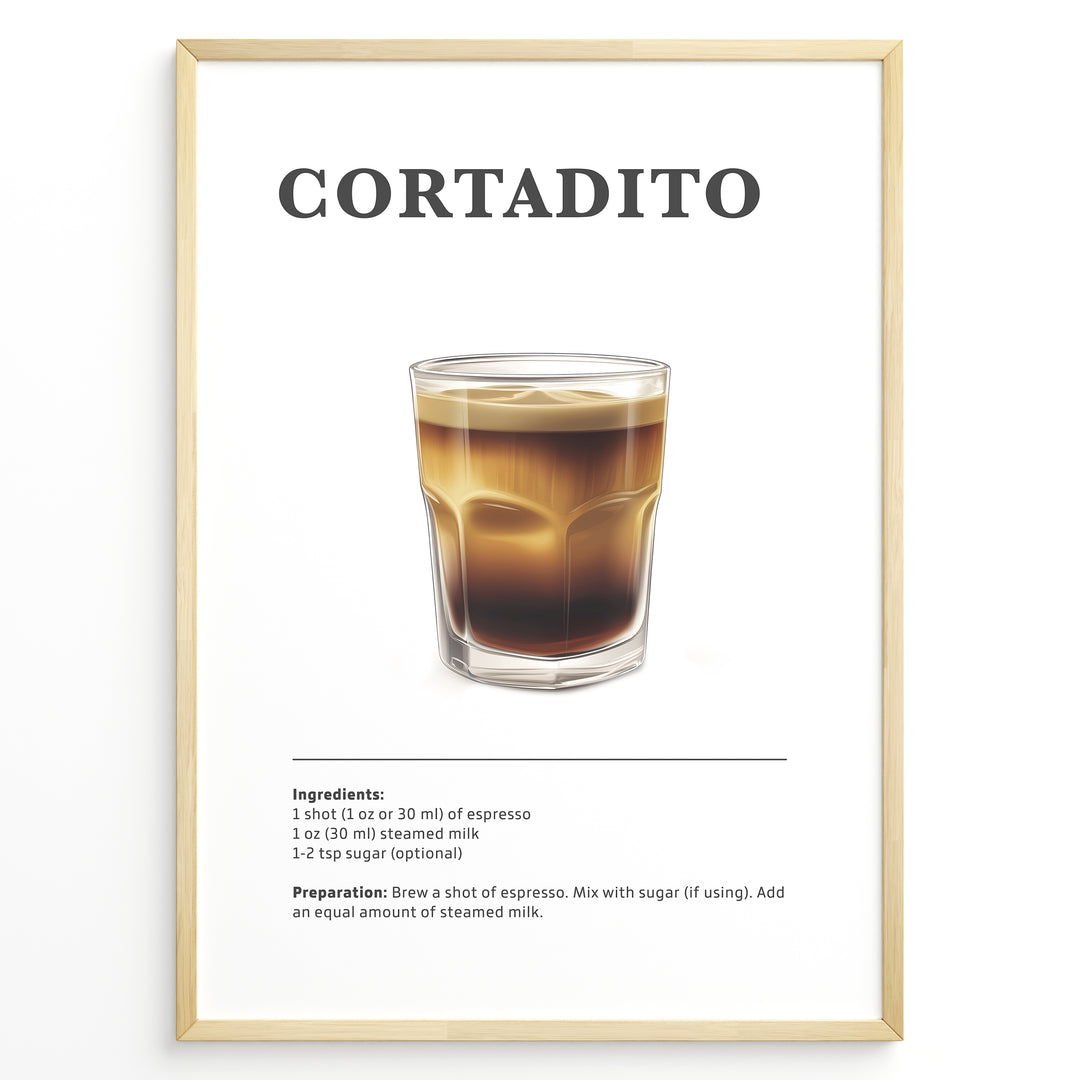 Illustrated Cortadito recipe poster with a glass of espresso mixed with steamed milk.