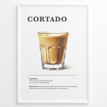 Ladda upp bild till gallerivisning, Illustrated Cortado recipe poster with a glass of espresso mixed with steamed milk.
