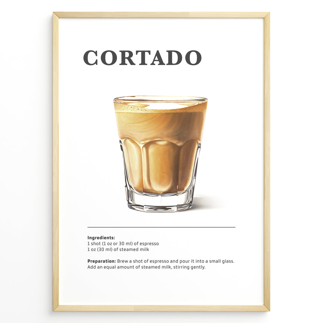 Illustrated Cortado recipe poster with a glass of espresso mixed with steamed milk.