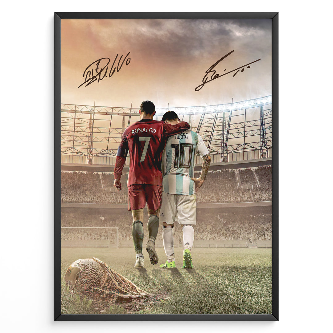 Cristiano Ronaldo og Lionel Messi plakat hvor de går sammen på stadion i Portugal og Argentina landsholdstrøjer med autografdesign.