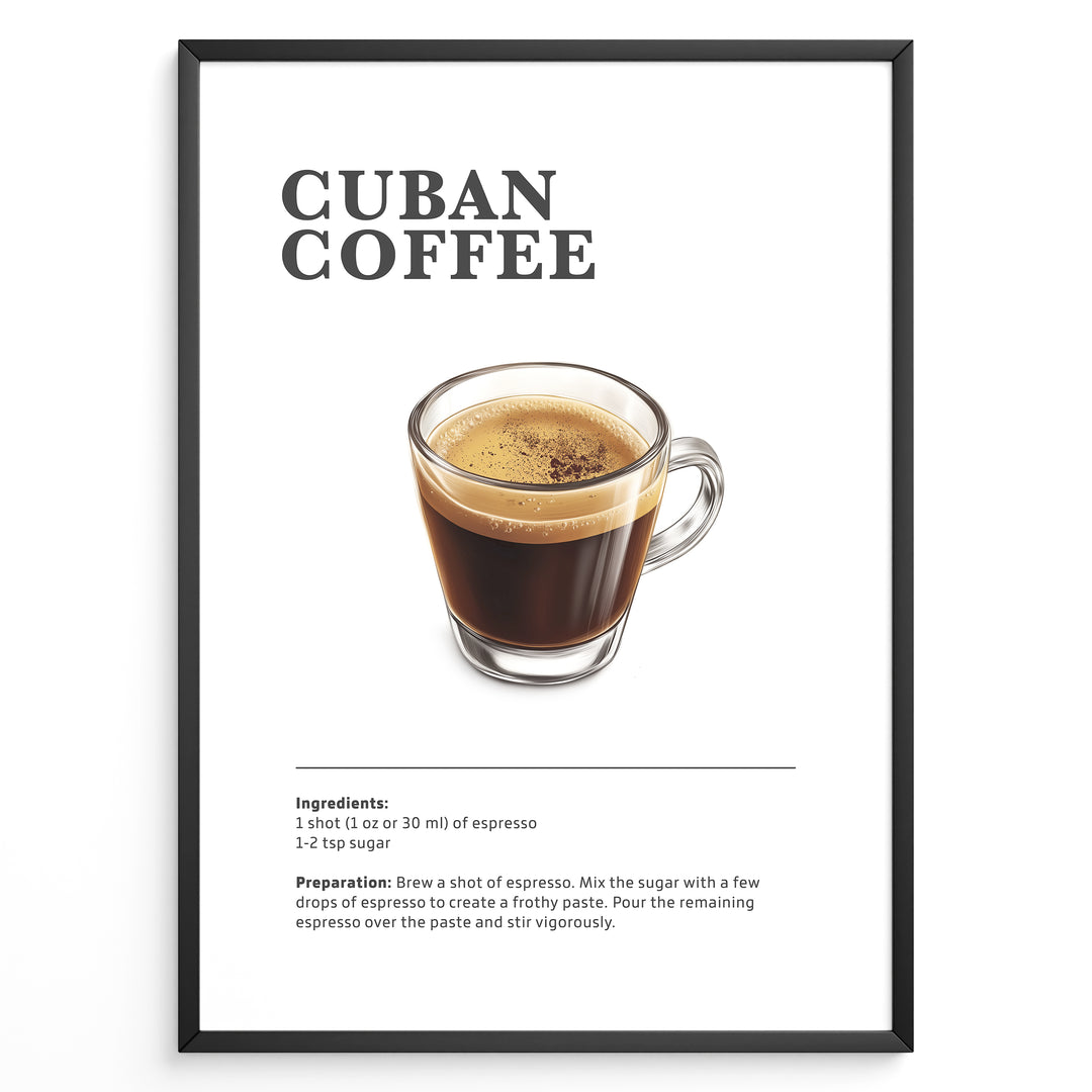 Illustrated Cuban Coffee recipe poster with a glass of sweet espresso.