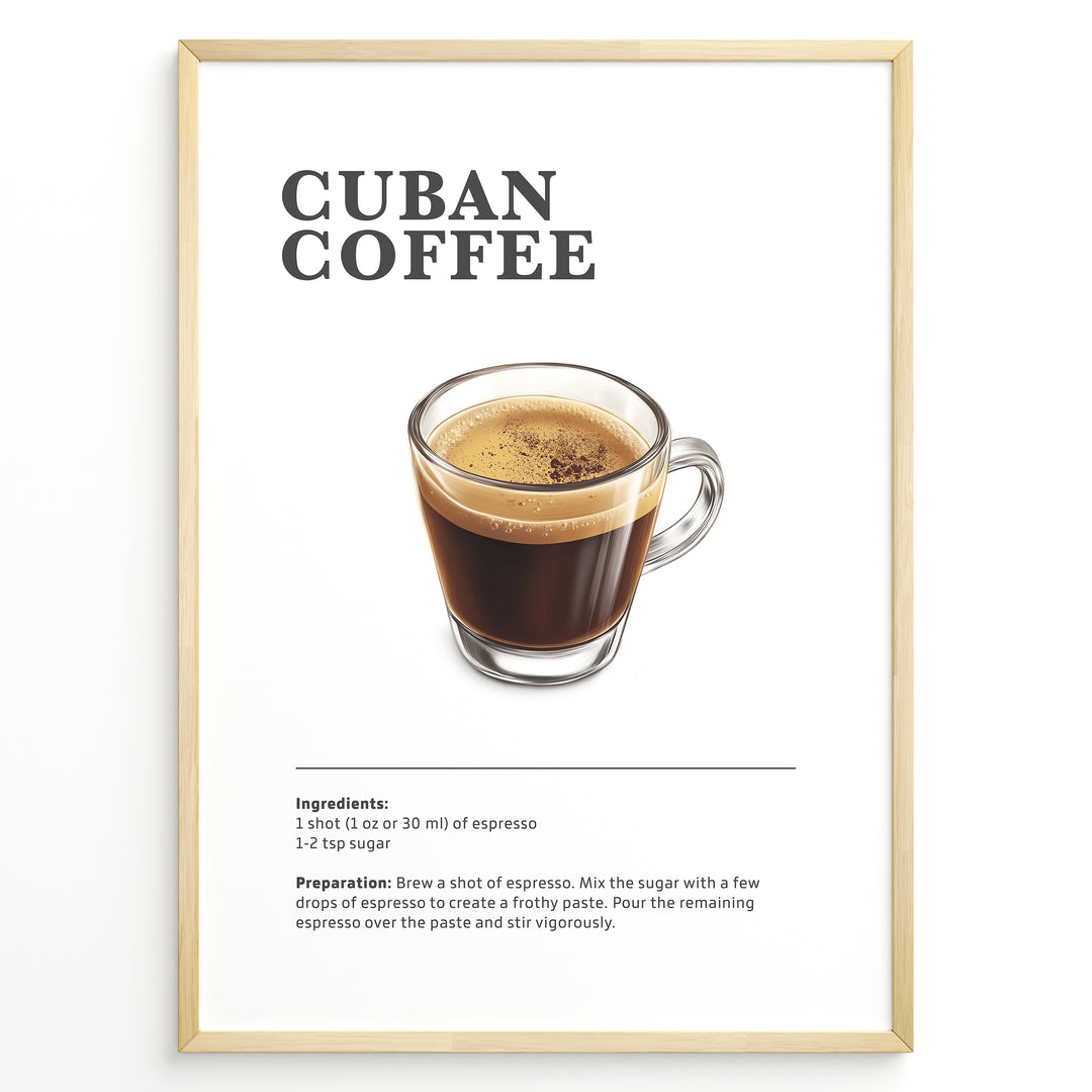 Illustrated Cuban Coffee recipe poster with a glass of sweet espresso.