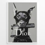 Ladda upp bild till gallerivisning, Fashion Plakat | Dior Guard Dog Poster – Bold Fashion Statement Wall Art Plakaty.dk | Black and white image of a Doberman dog holding a handgun in its mouth, wearing a Dior collar, with &quot;Dior&quot; text overlayed – a bold, edgy luxury fashion print.
