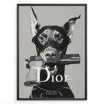 Ladda upp bild till gallerivisning, Fashion Plakat | Dior Guard Dog Poster – Bold Fashion Statement Wall Art Plakaty.dk | Black and white image of a Doberman dog holding a handgun in its mouth, wearing a Dior collar, with &quot;Dior&quot; text overlayed – a bold, edgy luxury fashion print.
