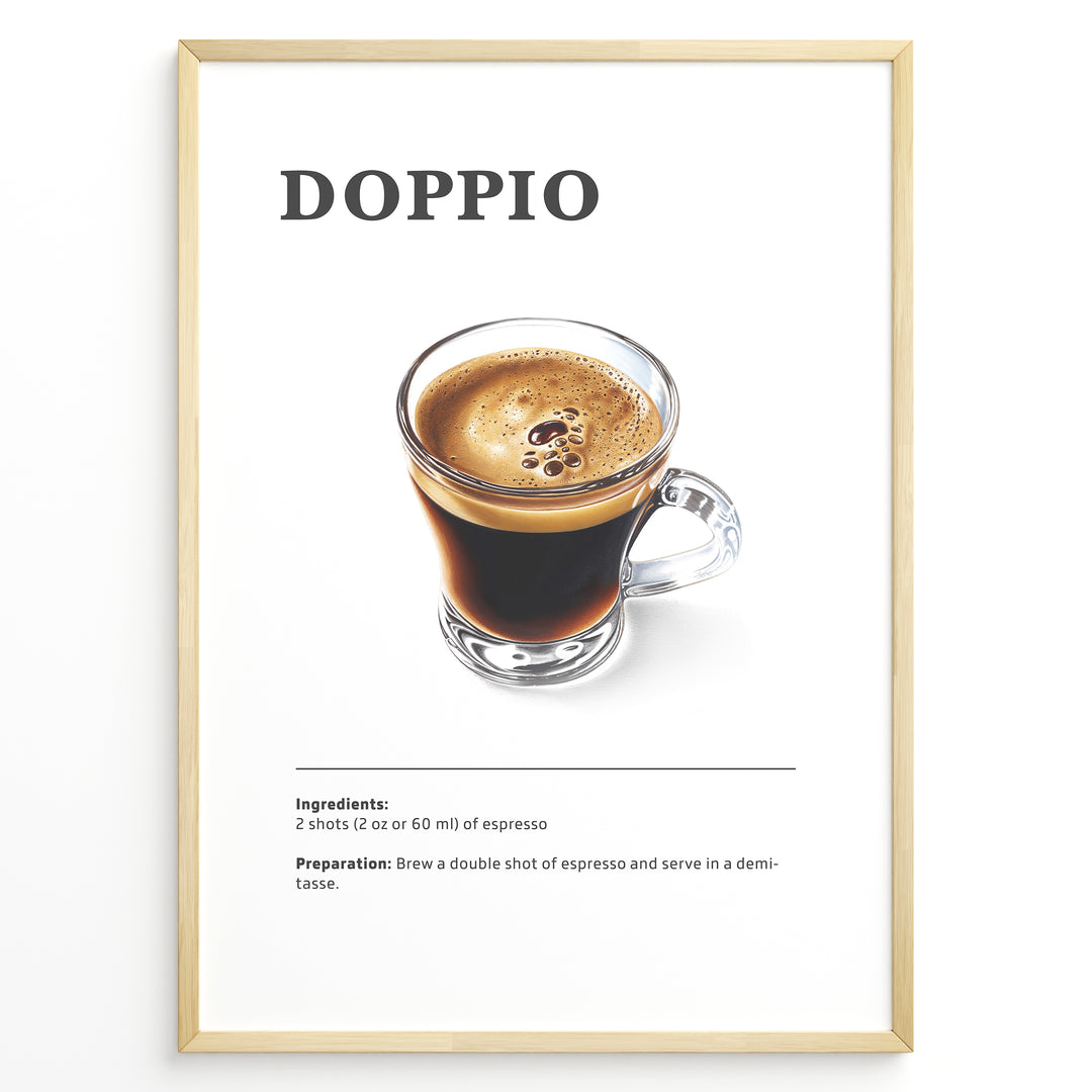 Illustrated Doppio recipe poster with a clear glass of double espresso.