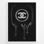 Ladda upp bild till gallerivisning, Fashion Plakat | Dripping Chanel Logo – Bold Black Fashion Wall Art Plakaty.dk | Glossy black and white artwork of the Chanel logo with a dripping paint effect on a dark background, creating a bold and modern fashion statement.
