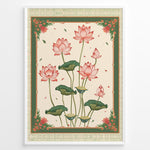 Ladda upp bild till gallerivisning, Plakater | Illustration of pink lotus flowers with green leaves framed by an ornate vintage border in green and cream colors.
