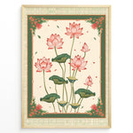 Ladda upp bild till gallerivisning, Plakater | Illustration of pink lotus flowers with green leaves framed by an ornate vintage border in green and cream colors.

