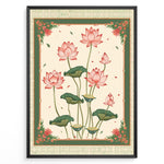 Ladda upp bild till gallerivisning, Plakater | Illustration of pink lotus flowers with green leaves framed by an ornate vintage border in green and cream colors.
