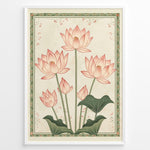Ladda upp bild till gallerivisning, Plakater | Illustration of pink lotus flowers with green stems and leaves, framed by a decorative green floral border on a cream textured background.
