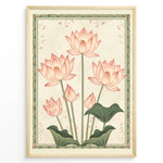 Ladda upp bild till gallerivisning, Plakater | Illustration of pink lotus flowers with green stems and leaves, framed by a decorative green floral border on a cream textured background.
