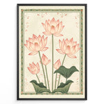 Ladda upp bild till gallerivisning, Plakater | Illustration of pink lotus flowers with green stems and leaves, framed by a decorative green floral border on a cream textured background.
