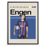 Ladda upp bild till gallerivisning, Ingrid Engen plakat | FC Barcelona trøje i blå og rød med Champions League-bold – perfekt til fans af kvindefodbold og Barça
