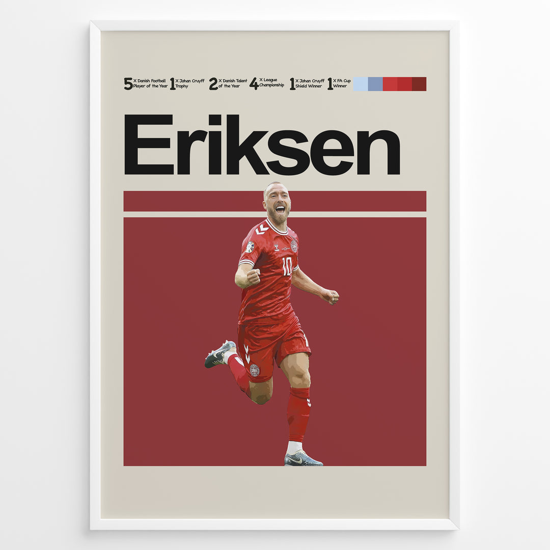 Christian Eriksen fodbold plakat i Danmarks røde landsholdstrøje under jubelscene med dynamisk og stilrent design