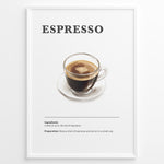 Ladda upp bild till gallerivisning, Espresso recipe poster with a glass cup of espresso on a white saucer.
