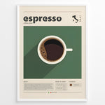 Ladda upp bild till gallerivisning, Minimalist espresso poster with a top-view coffee cup on a green background and modern typography.
