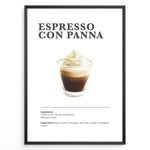 Ladda upp bild till gallerivisning, Illustrated Espresso Con Panna recipe poster with espresso topped with whipped cream in a clear cup.
