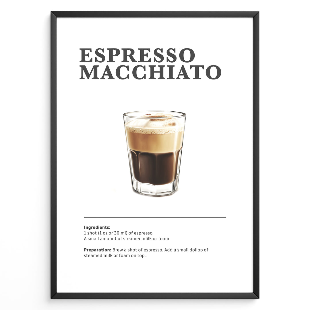 Minimalist Espresso Macchiato recipe poster with espresso and a small layer of steamed milk or foam in a clear glass.