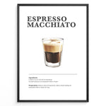 Ladda upp bild till gallerivisning, Minimalist Espresso Macchiato recipe poster with espresso and a small layer of steamed milk or foam in a clear glass.
