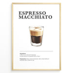 Ladda upp bild till gallerivisning, Minimalist Espresso Macchiato recipe poster with espresso and a small layer of steamed milk or foam in a clear glass.
