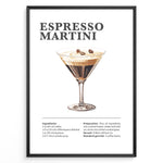 Ladda upp bild till gallerivisning, Espresso Martini recipe poster with illustrated martini glass topped with coffee beans and recipe details below.
