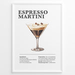 Ladda upp bild till gallerivisning, Espresso Martini recipe poster with illustrated martini glass topped with coffee beans and recipe details below.
