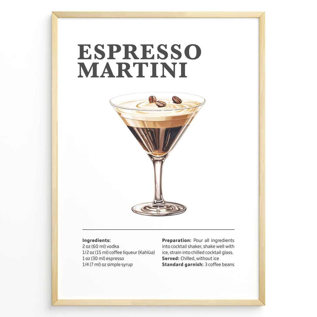 Espresso Martini recipe poster with illustrated martini glass topped with coffee beans and recipe details below.