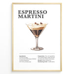 Ladda upp bild till gallerivisning, Espresso Martini recipe poster with illustrated martini glass topped with coffee beans and recipe details below.
