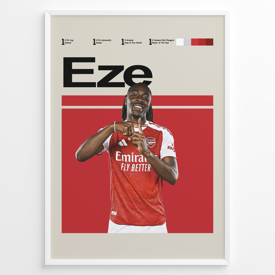 Eberechi Eze fodbold plakat i Arsenal rød og hvid hjemmebanetrøje med stilrent og moderne design