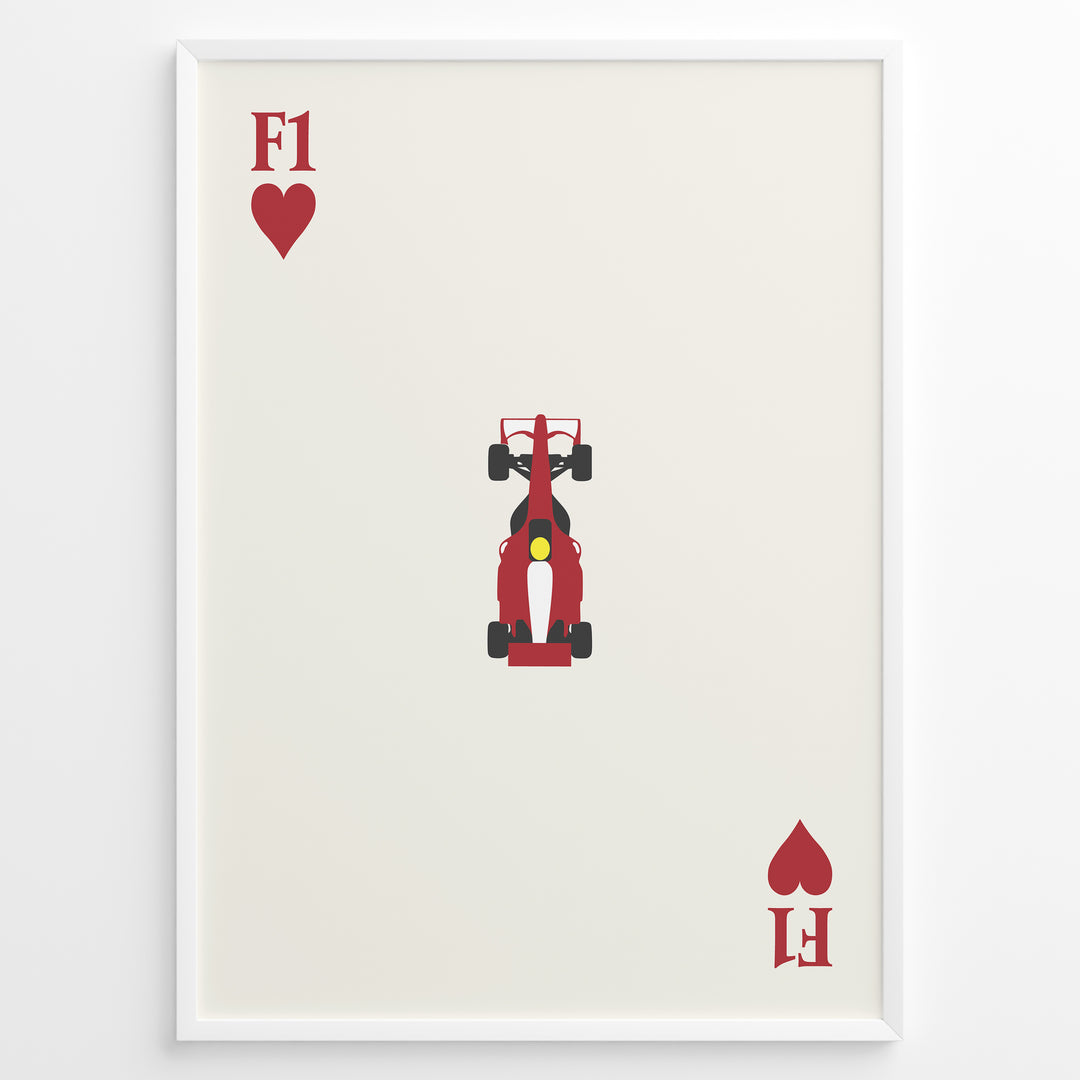 Minimalist F1 Hearts art print plakat showing a red Formula 1 car centered on a cream background with heart symbols in a playing card layout.