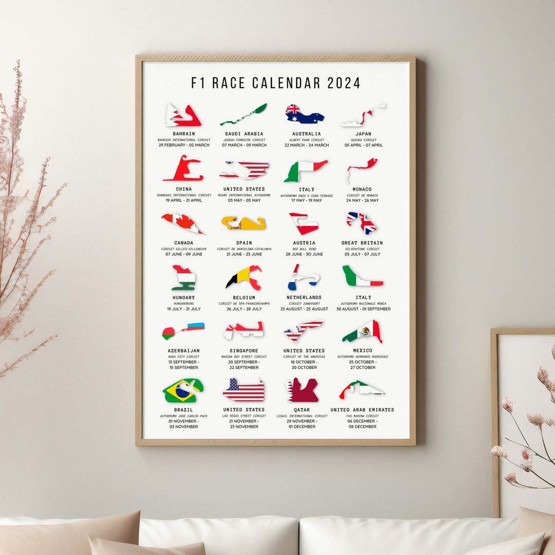 F1-kalenderposters 2024 | Unik design av tävlingskartor